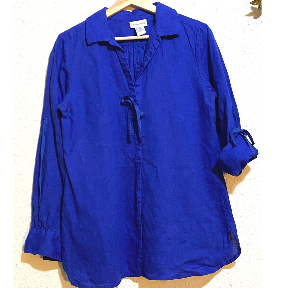 Soft Surroundings Cobalt Blue 100% Linen Roll Tab Sleeve Tie Tunic Top Small